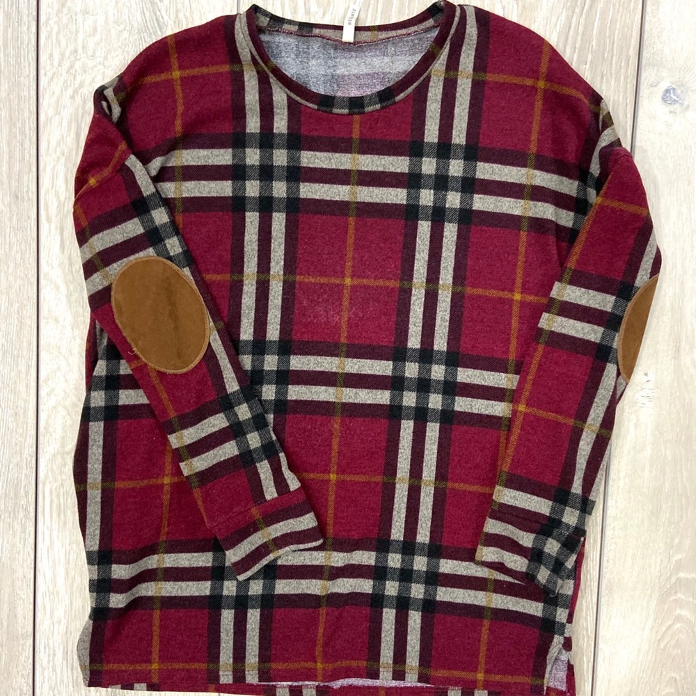 Plaid sweater with faux suede elbow patches